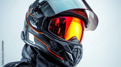 A close-up of a firefighter's helmet and visor against a white backdrop, showcasing the rugged design and reflective elements essential for visibility and protection. photo