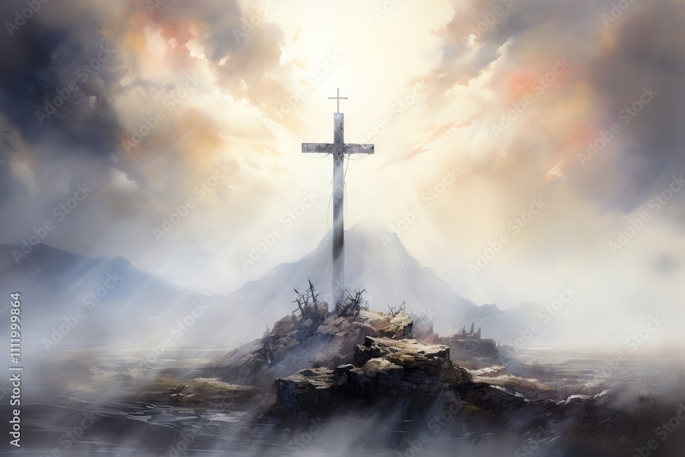 Good Friday concept: Silhouette cross on mountain sunset background
Good Friday concept: Silhouette cross on mountain sunset background