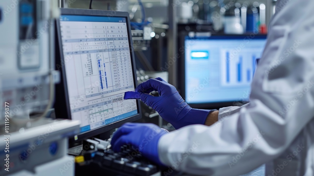 A close-up of a technician analyzing waste data to optimize production processes, representing the use of data-driven solutions to identify areas for reducing waste in industrial operations A close-up of a technician analyzing waste data to optimize production processes, representing the use of data-driven solutions to identify areas for reducing waste in industrial operations