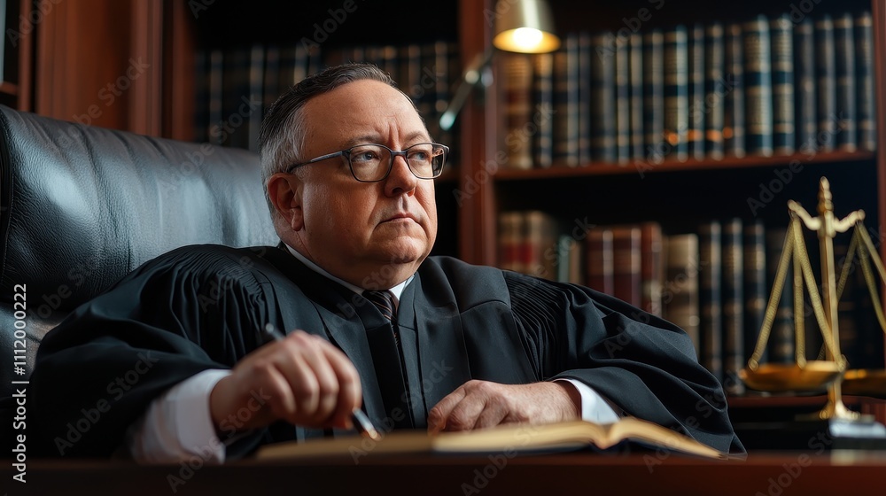 Serious Judge in Traditional Robes Sitting at Court Desk Serious Judge in Traditional Robes Sitting at Court Desk