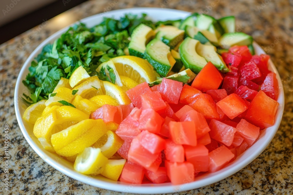 Fresh Colorful Salad with Lemon, Watermelon, Avocado, and Herbs Fresh Colorful Salad with Lemon, Watermelon, Avocado, and Herbs