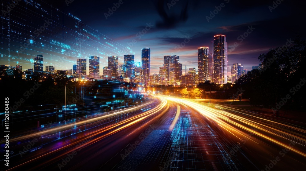 Fototapeta premium Night Cityscape with Light Trails and Digital Effects in Urban Landscape