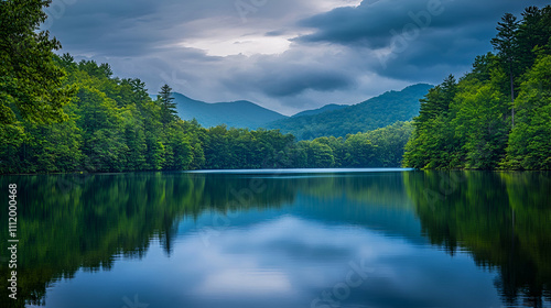 Serene mountain lake surrounded by lush forests and rolling hills