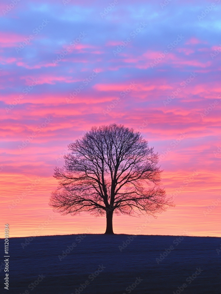 A solitary tree rises in an expansive field as a stunning sunset casts vivid colors across the sky, creating a serene atmosphere. Generative AI A solitary tree rises in an expansive field as a stunning sunset casts vivid colors across the sky, creating a serene atmosphere. Generative AI