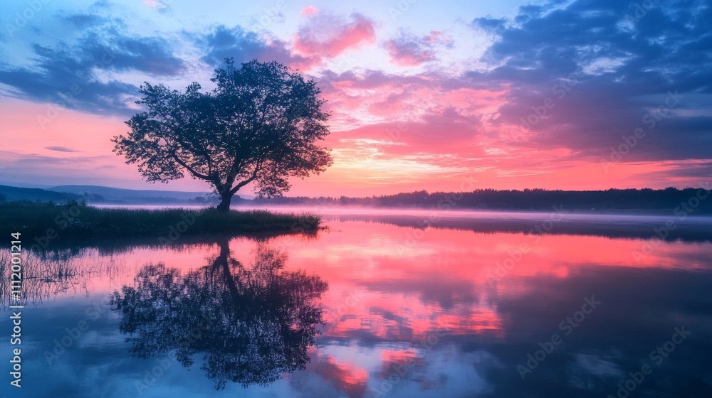 Dreamy Sunset Landscape by the Lake - Dreamy Sunset Landscape by the Lake features a serene reflection of colorful skies and a solitary tree creating a peaceful ambiance. Dreamy Sunset Landscape by the Lake - Dreamy Sunset Landscape by the Lake features a serene reflection of colorful skies and a solitary tree creating a peaceful ambiance.