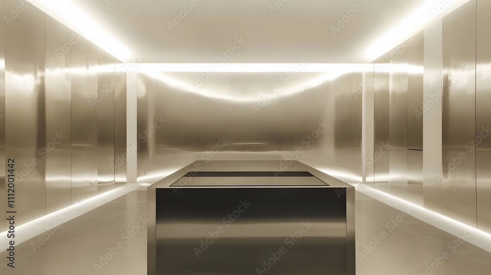 A sleek, metallic podium surrounded by expansive white walls and soft lighting, creating a high-end product display area with minimal distraction and maximum focus on the item A sleek, metallic podium surrounded by expansive white walls and soft lighting, creating a high-end product display area with minimal distraction and maximum focus on the item