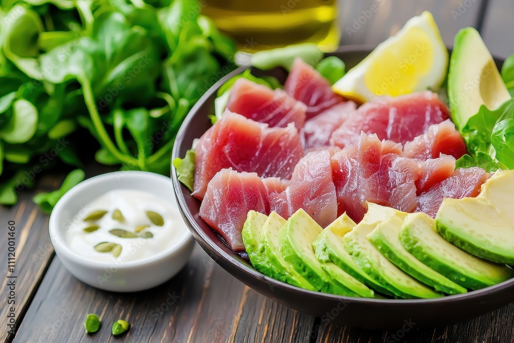 Fresh Tuna Sashimi with Avocado and Lemon on Wooden Table Fresh Tuna Sashimi with Avocado and Lemon on Wooden Table