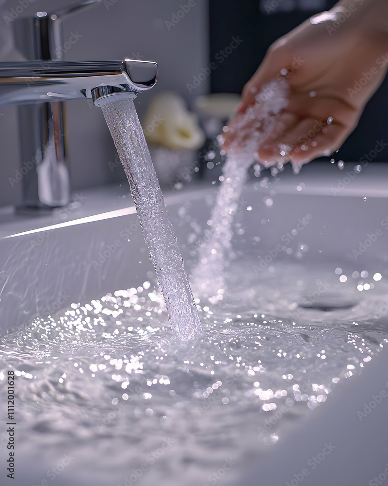 Water Flowing from Faucet into Sink, Refreshing Water Flowing from Faucet into Sink, Refreshing
