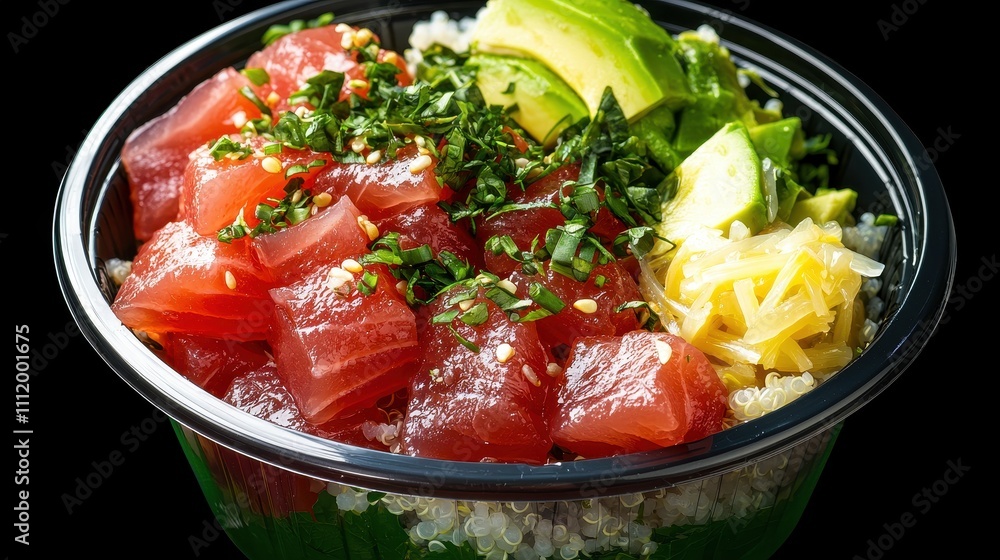 Fresh Poke Bowl with Tuna, Avocado and Herbs on Black Background Fresh Poke Bowl with Tuna, Avocado and Herbs on Black Background