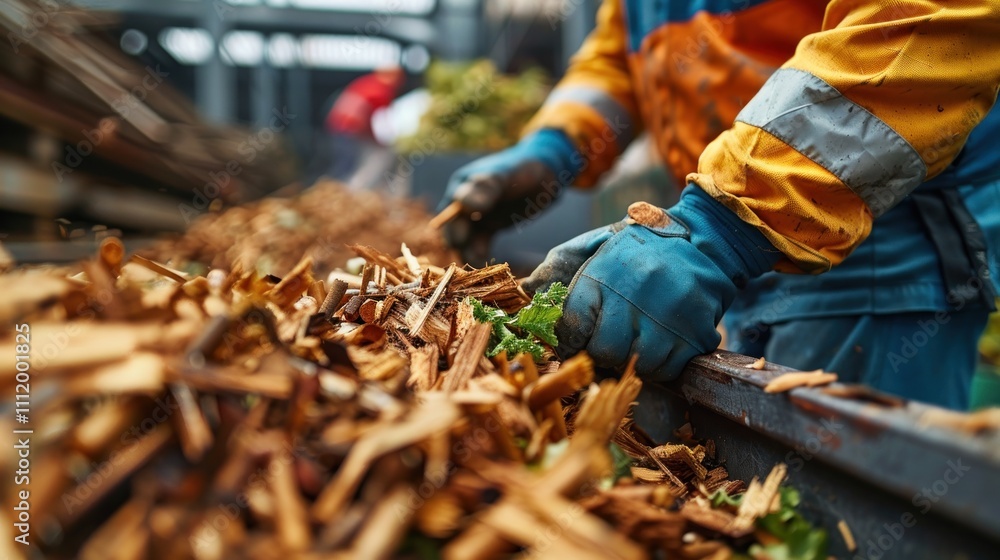 A close-up of workers loading biomass waste, such as wood chips and plant residues, into energy conversion units, showcasing the role of natural materials in sustainable waste-to-energy solutions A close-up of workers loading biomass waste, such as wood chips and plant residues, into energy conversion units, showcasing the role of natural materials in sustainable waste-to-energy solutions
