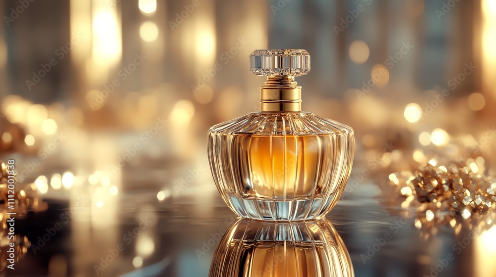 A bottle of luxury perfume on a table with a shimmering golden background. A bottle of luxury perfume on a table with a shimmering golden background.