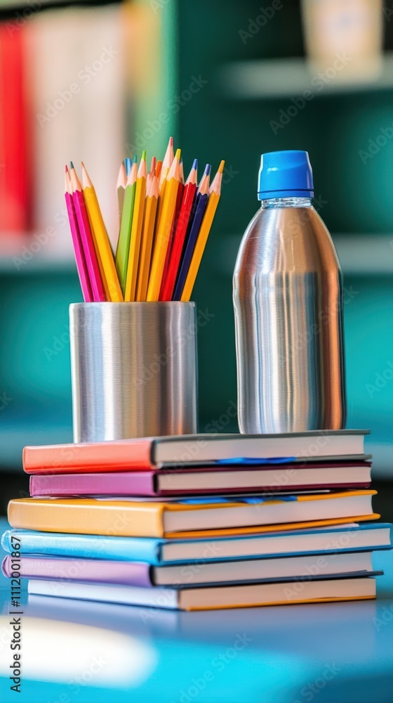 A colorful setup with pencils, a water bottle, and stacked books. A colorful setup with pencils, a water bottle, and stacked books.