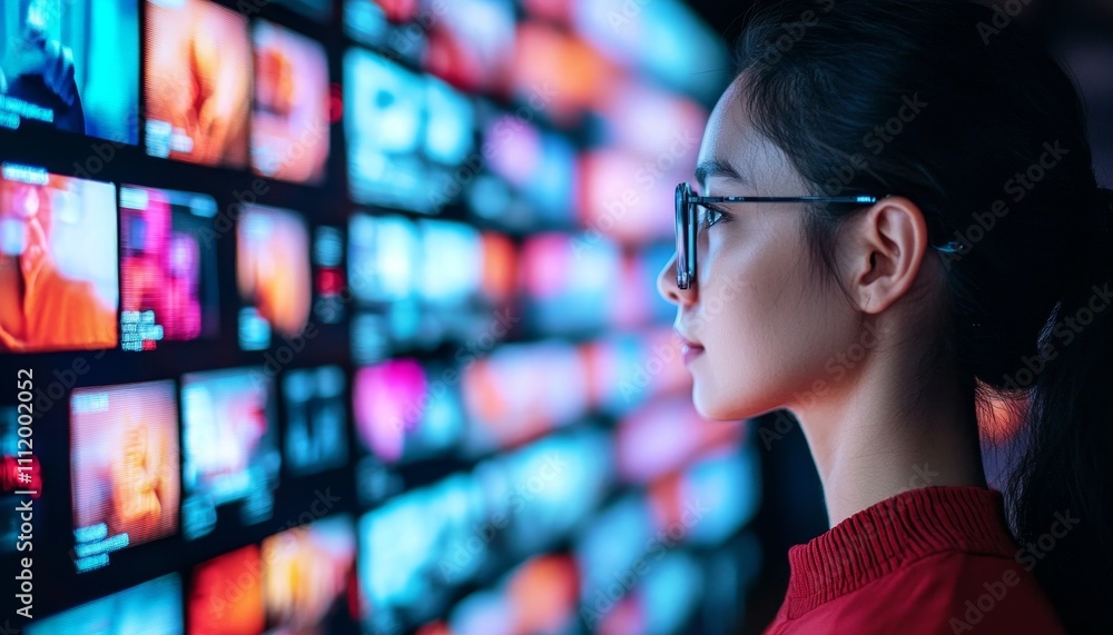 Woman in glasses gazing at colorful screens, immersed in digital content. Woman in glasses gazing at colorful screens, immersed in digital content.