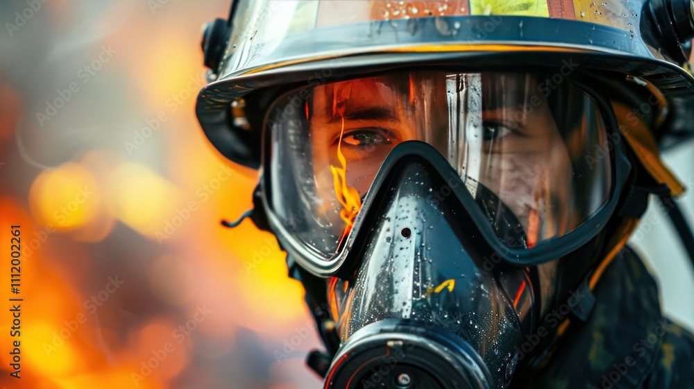 A close-up of a firefighter's face shield reflecting flames as they work amid thick smoke, highlighting their bravery and focus in extreme conditions. A close-up of a firefighter's face shield reflecting flames as they work amid thick smoke, highlighting their bravery and focus in extreme conditions.