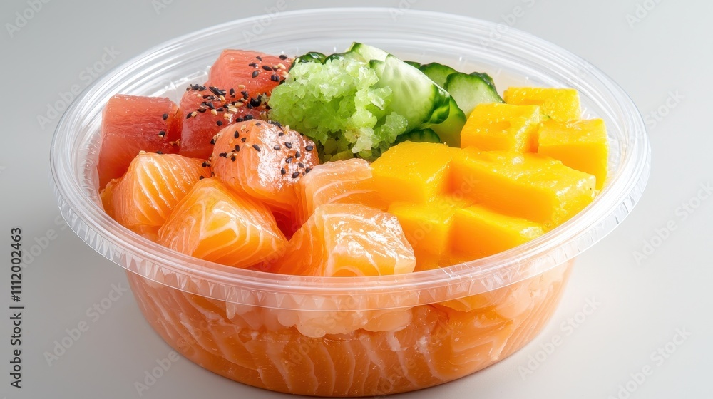 Fresh Salmon and Mango Sushi Bowl with Avocado and Wasabi Garnish Fresh Salmon and Mango Sushi Bowl with Avocado and Wasabi Garnish