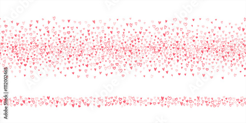 Tiny very small hand drawn hearts Valentine's Day horizontal seamless stripes, borders, frames, dividers. Vector chaotic pattern, backgrounds. Tricolor cute doodle marker drawn different heart shapes.