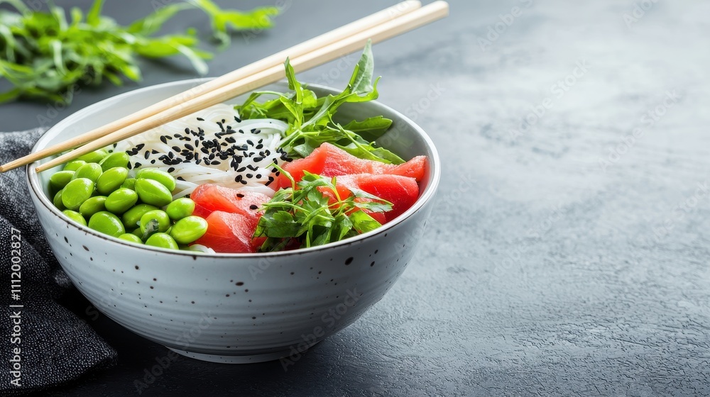 Fresh Sushi Bowl with Vegetables and Edamame on a Dark Background Fresh Sushi Bowl with Vegetables and Edamame on a Dark Background