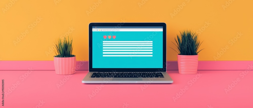 Laptop on a colorful desk with potted plants, showcasing a vibrant workspace setup. Laptop on a colorful desk with potted plants, showcasing a vibrant workspace setup.