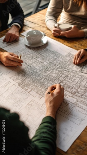 A group discusses plans over a large map on a wooden table.