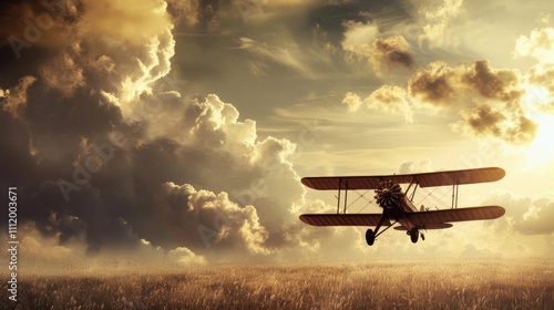 A vintage biplane flying through a dramatic sunset sky.