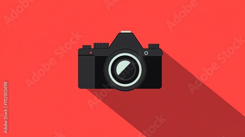 Simple illustration of a vintage film camera against a red background.