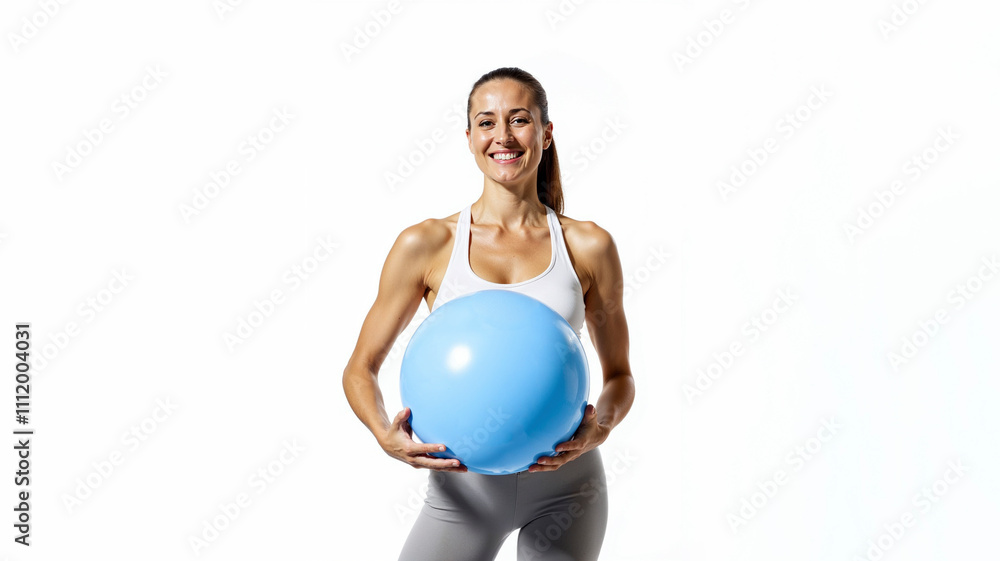 A sporty woman in good physical shape, dressed in a tracksuit, holds a blue fitness ball on white background A sporty woman in good physical shape, dressed in a tracksuit, holds a blue fitness ball on white background