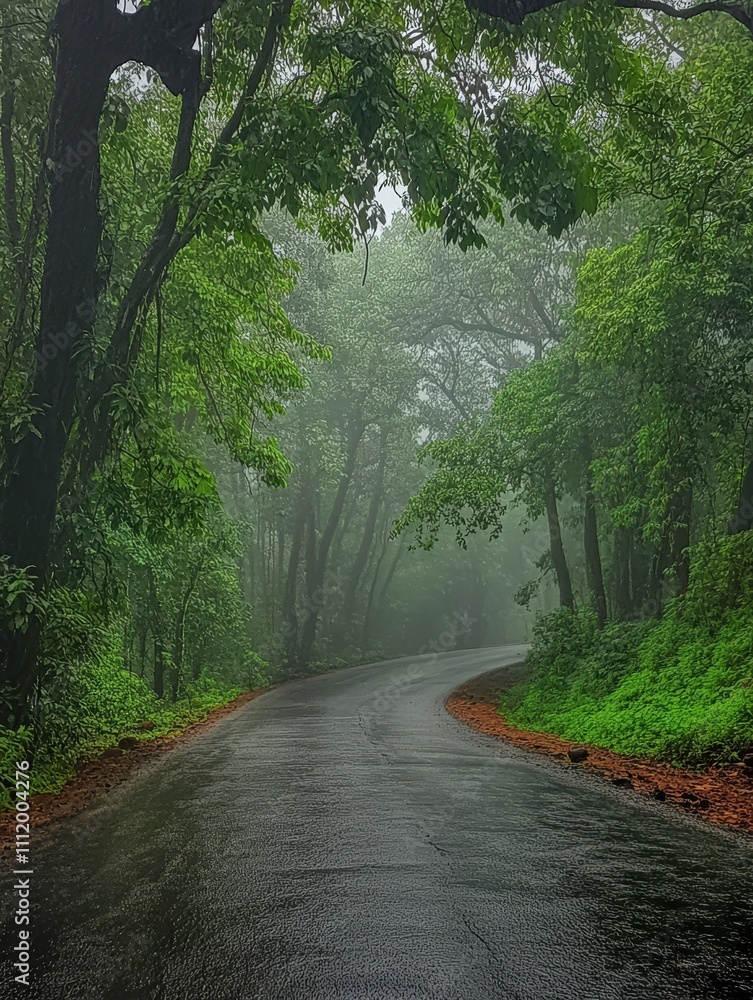 Fototapeta premium A serene road through misty forests symbolizing nature, tranquility, adventure, discovery, and peace.