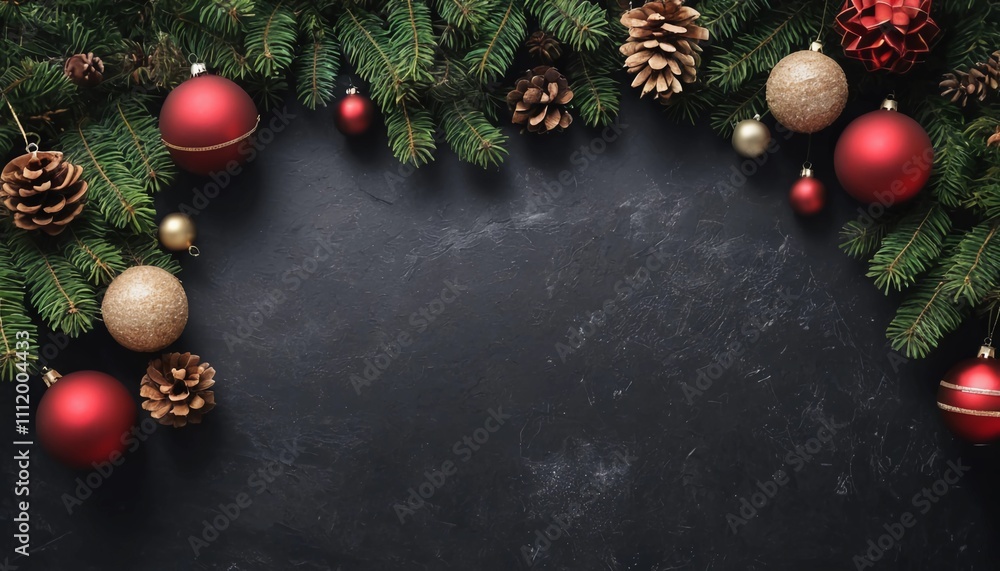 Christmas background with Christmas tree branches and balls, cone with copy space Christmas background with Christmas tree branches and balls, cone with copy space