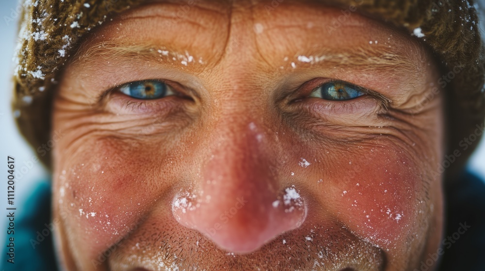 Close-up of a smiling man with blue eyes and a snowy background during winter outdoors Close-up of a smiling man with blue eyes and a snowy background during winter outdoors