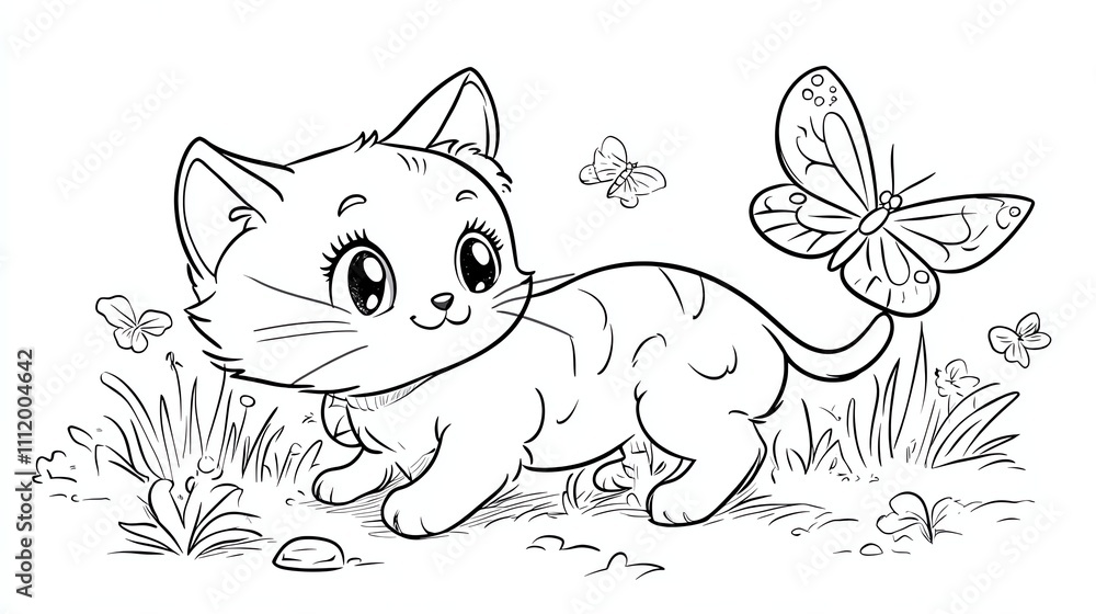 A cute cartoon kitten in a field of flowers and butterflies. A cute cartoon kitten in a field of flowers and butterflies.