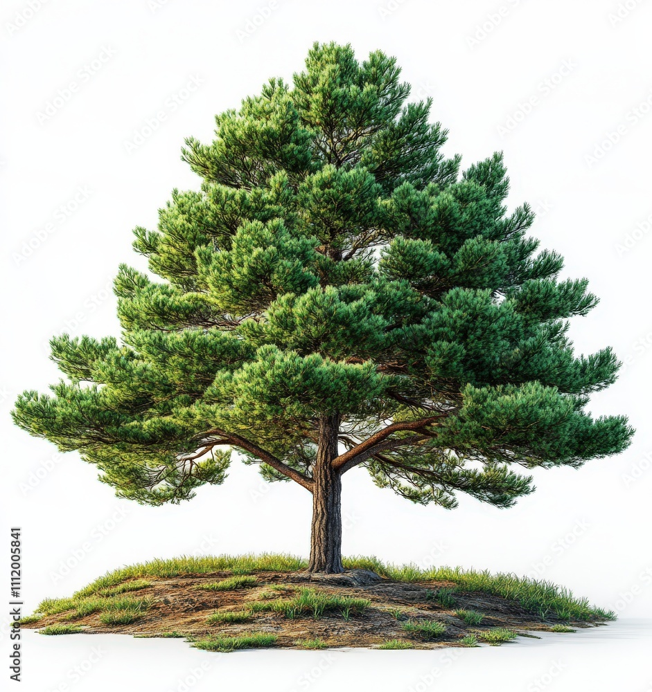 Majestic pine tree standing alone on a small grassy hill, isolated on a white background. Perfect for nature, environmental, or design projects. Majestic pine tree standing alone on a small grassy hill, isolated on a white background. Perfect for nature, environmental, or design projects.