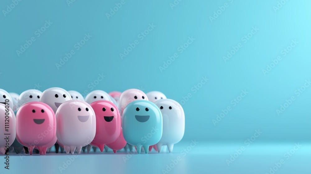 Colorful, cartoonish characters with happy expressions stand together against a blue background. Colorful, cartoonish characters with happy expressions stand together against a blue background.