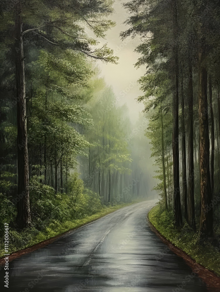 Fototapeta premium Exploring the Serene Road Ahead Through the Misty Forest - A captivating view of a tranquil road winding through a lush, misty forest. This scene embodies beauty, peace, nature, exploration, and tranq