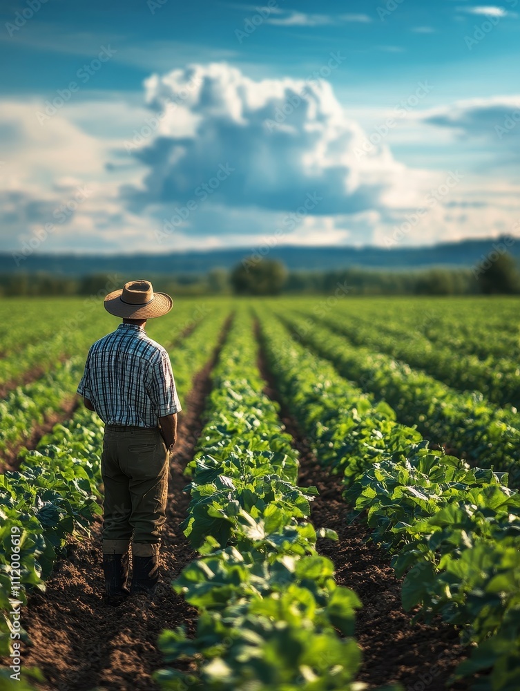 Fototapeta premium Farmer Admiring Vibrant Green Crops in Expansive Field - Farmer Admiring Vibrant Green Crops in Expansive Field showcasing hard work, nature's beauty, cultivation, growth, and sustenance.