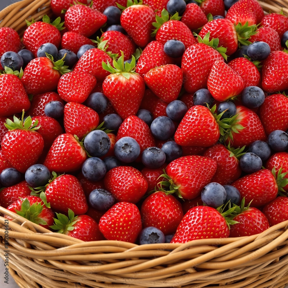 Close up of a juicy strawberry and blueberry mix in a rustic wicker basket, juicy, food, plant, farm, close-up Close up of a juicy strawberry and blueberry mix in a rustic wicker basket, juicy, food, plant, farm, close-up