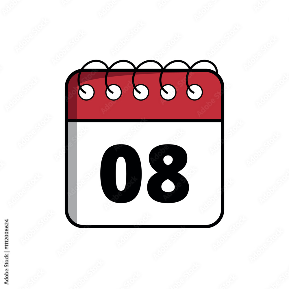 Red calendar flat icon for websites and graphic resources, calendar icon with specific day marked, day 08. Red calendar flat icon for websites and graphic resources, calendar icon with specific day marked, day 08.