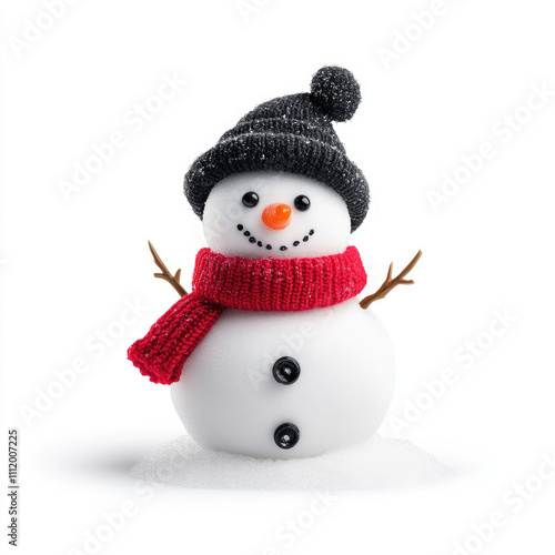 A cheerful snowman wearing a black hat and red scarf isolated on white background