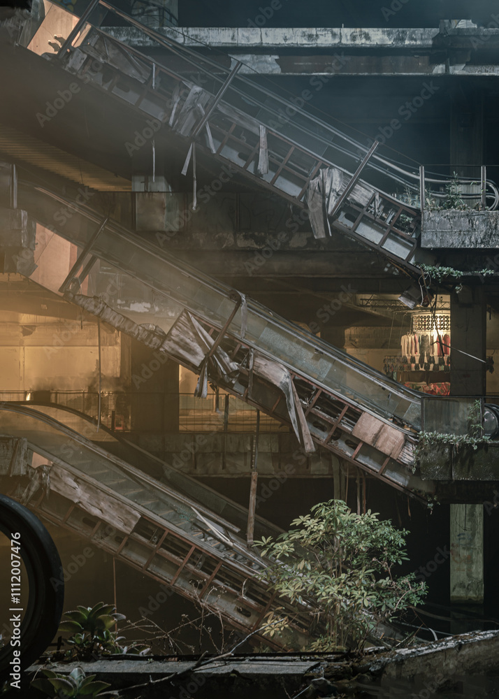 Dramatic view of Damaged escalators inside Abandoned new world shopping mall building. Structural and ruins was left to deteriorate over time. use it as your wallpaper, Poster and Copy space.