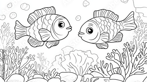 Coloring page outline of cartoon Coral Fish. Page for coloring book of funny fish for kids. Activity colorless picture of cute animals. Anti-stress page for child. Black and white vector illustrationю