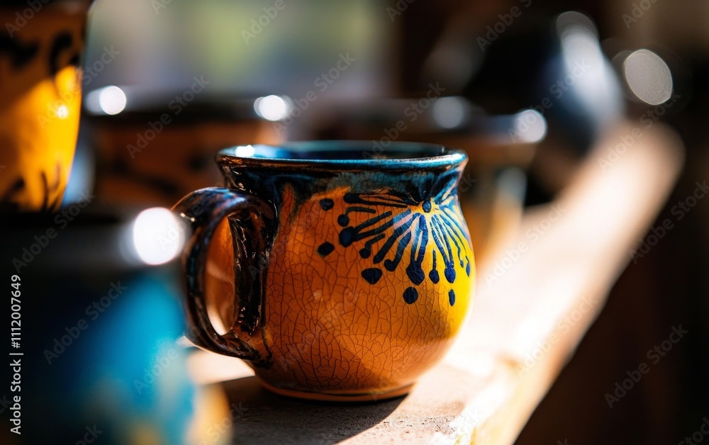 A vibrant, handcrafted ceramic mug with a colorful design displayed on a wooden shelf. A vibrant, handcrafted ceramic mug with a colorful design displayed on a wooden shelf.