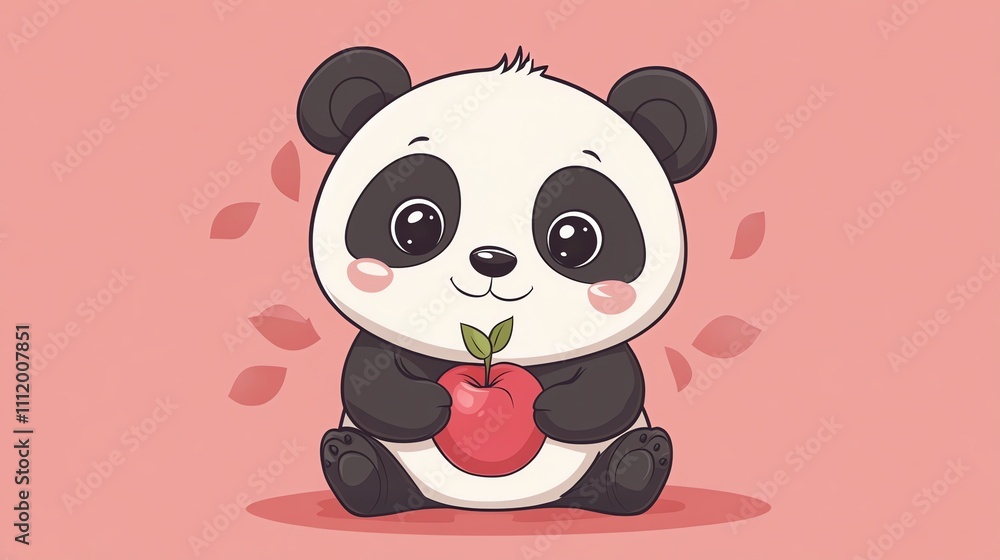 A cute cartoon panda is holding a red apple on a pink background. A cute cartoon panda is holding a red apple on a pink background.