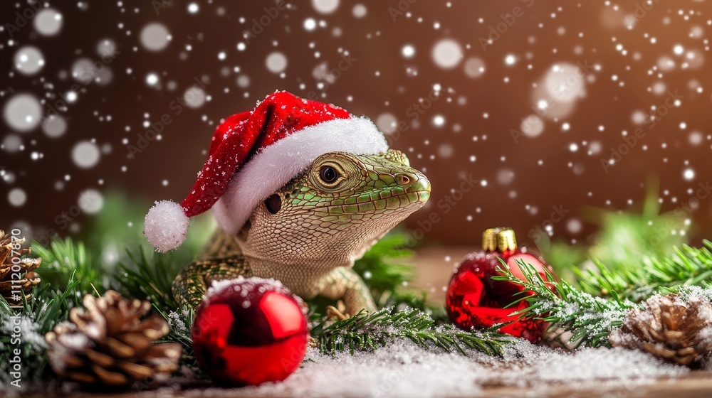 Festive Lizard in Christmas Hat Surrounded by Snowflakes and Ornaments - A charming lizard dons a Christmas hat amidst snowflakes, ornaments, and pinecones, celebrating the festive season. Festive Lizard in Christmas Hat Surrounded by Snowflakes and Ornaments - A charming lizard dons a Christmas hat amidst snowflakes, ornaments, and pinecones, celebrating the festive season.