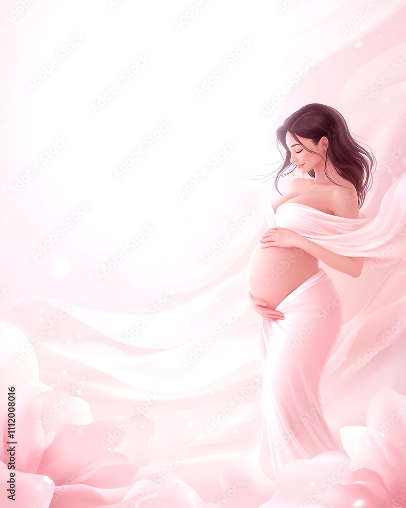 A pregnant woman is standing in front of a white background. She is wearing a white dress and holding her stomach. Concept of anticipation and excitement for the upcoming arrival of the baby