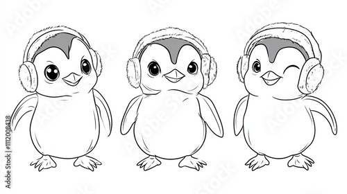 Three cute cartoon penguins wearing earmuffs.