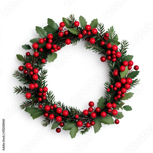 Festive holiday wreath adorned with red berries and green foliage isolated on white background