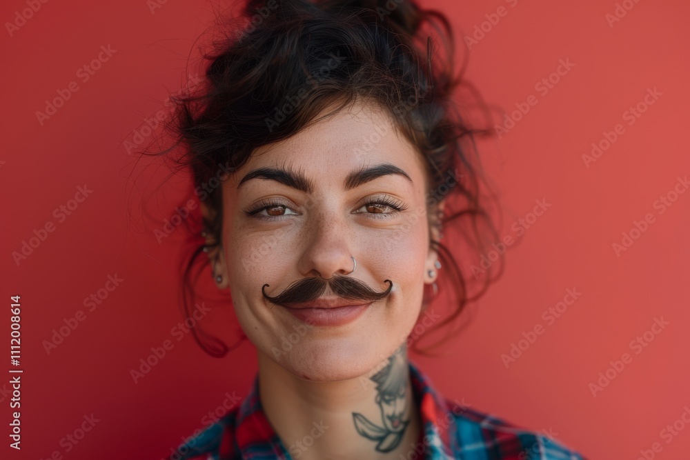 A smiling woman with an artistic mustache poses against a vibrant red background wearing a checkered shirt, expressing creativity, humor, and artistic flair in a playful tone. A smiling woman with an artistic mustache poses against a vibrant red background wearing a checkered shirt, expressing creativity, humor, and artistic flair in a playful tone.
