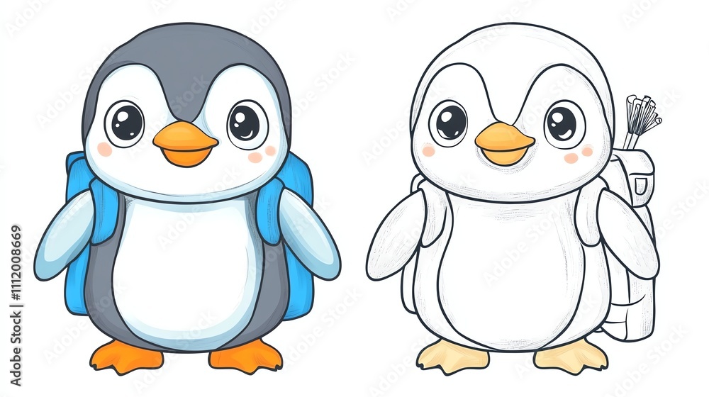 Fototapeta premium Two cute cartoon penguins wearing hats and backpacks.