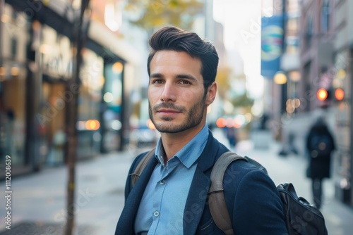 A confident man with a backpack strolls through a city street, exuding assurance amidst the blurred backdrop of urban life, suggesting exploration and curiosity.