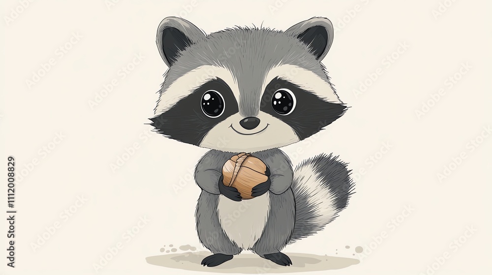 Fototapeta premium A cute cartoon raccoon holding a nut.