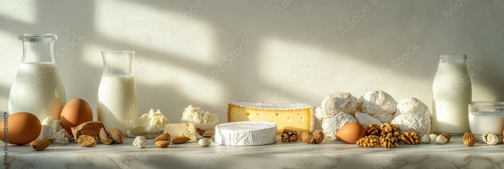 Fresh Dairy Products and Eggs on Light Background for Stock Photo - Fresh dairy products including milk eggs and cheeses beautifully arranged on a light background for a natural feel Fresh Dairy Products and Eggs on Light Background for Stock Photo - Fresh dairy products including milk eggs and cheeses beautifully arranged on a light background for a natural feel